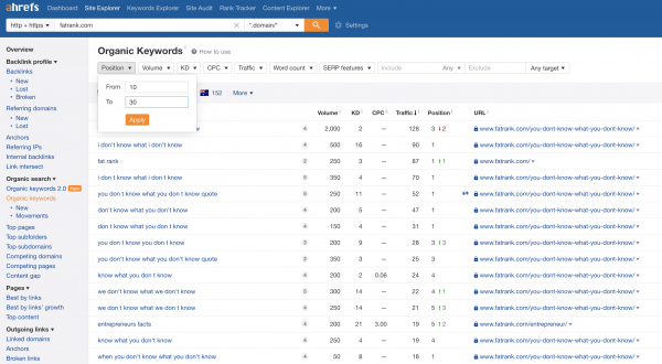 Ahrefs Striking Distance Keywords